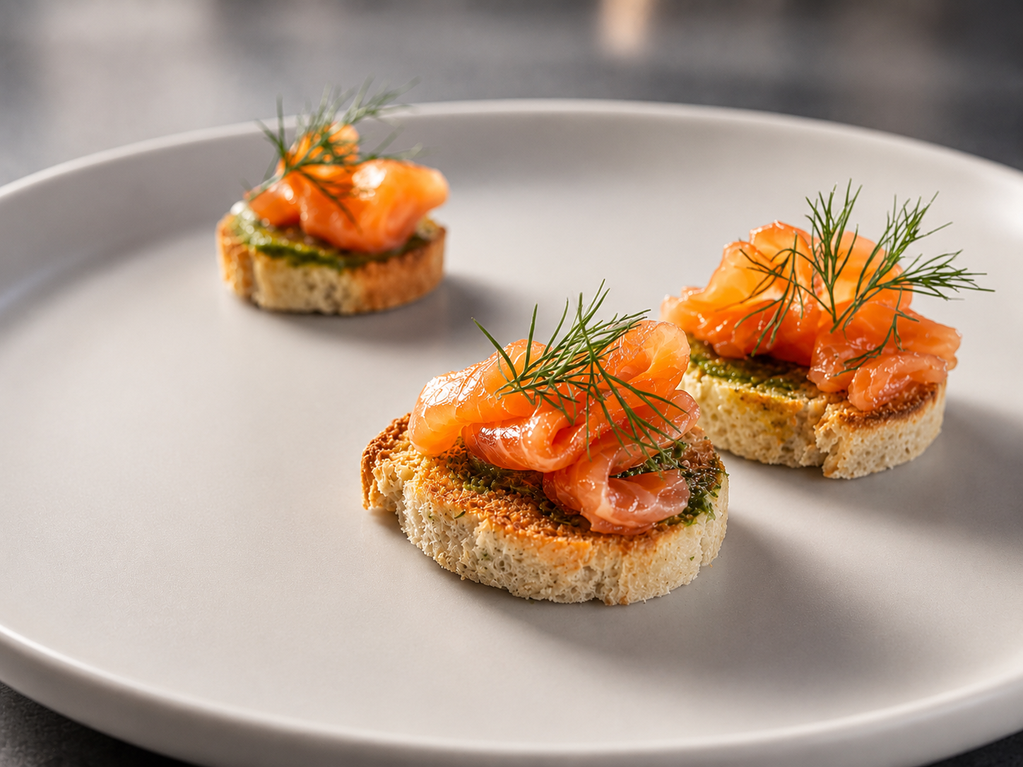salmon gravlax crostini with kindzmari sauce